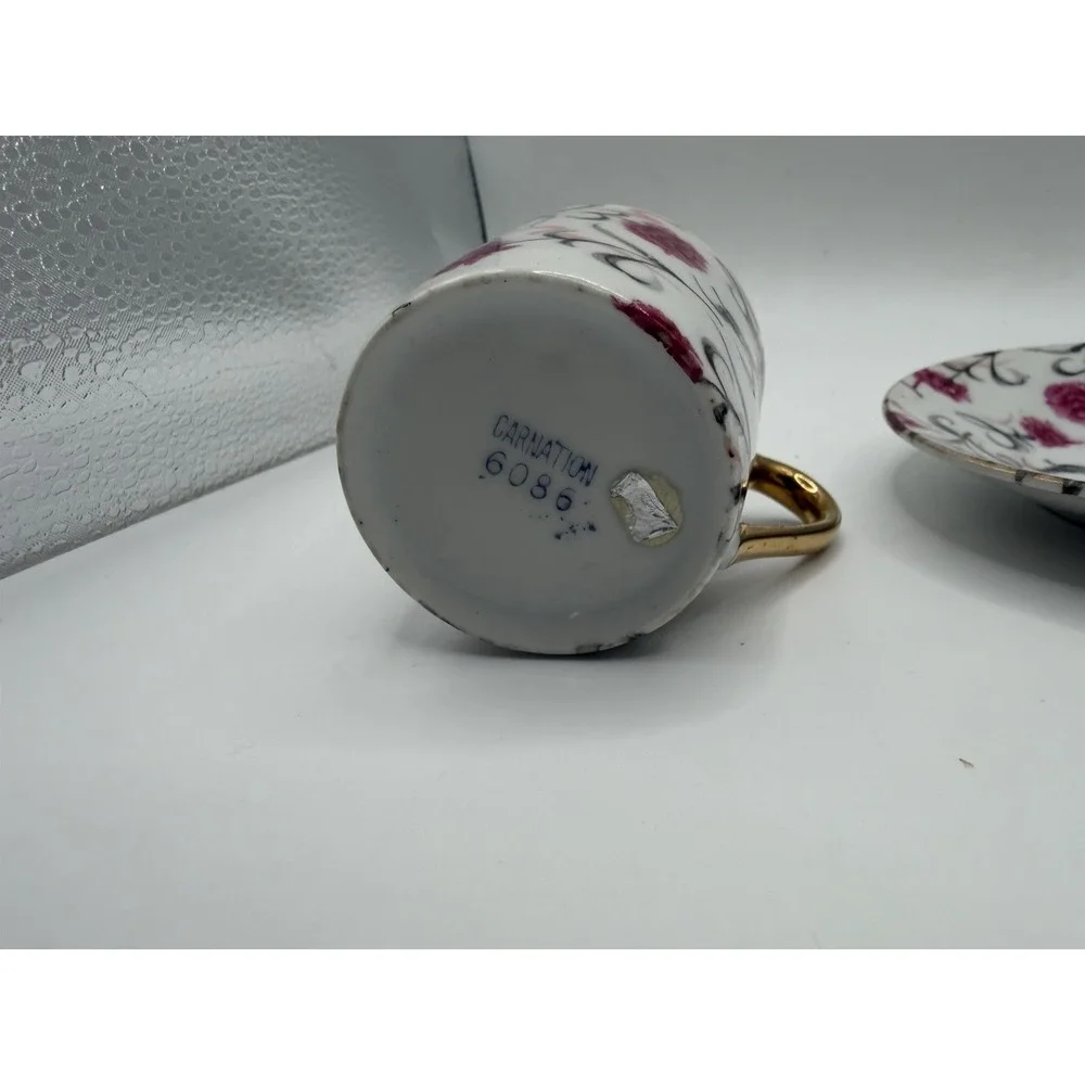 Vintage Carnation 6086 Porcelain Demitasse Cup Saucer Pink Floral Gold Trim